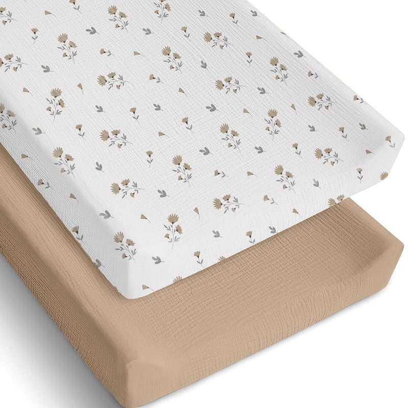 MiFlor Mi Flor 2 Pack Muslin Changing Pad Cover 16x32x5 inches – Ultra Soft CPC Certified Baby Changing Table Cover with Elastic Corners, 360° Fit, Lightweight, Breathable, Fits Most Changing Pads - Image 1